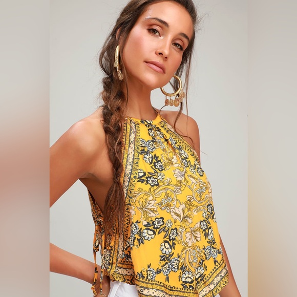 Free People Sofia Floral Print Halter Crop Top - Golden Yellow - XS - Picture 4 of 11
